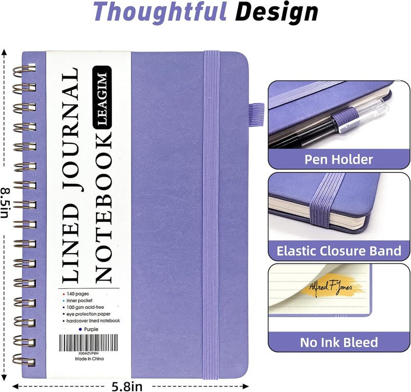 LEAGIM Lined Spiral Journal Notebook for Women & Men, College Ruled Hardcover Notebook for Work & Note Taking, Journals for Writing, 100 GSM, Business, School, 140 Pages, A5(5.8"x8.5") - Purple - Image 4